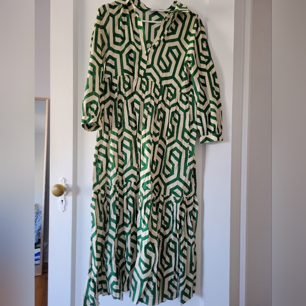 Zara Summer Cotton Green and Cream Geometric Dress S